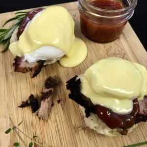 smoked beef brisket benedict with house made BBQ sauce square